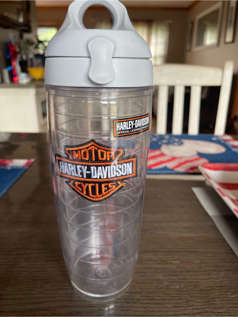 Harley-Davidson Clear Tumbler with White Lid and Orange Logo